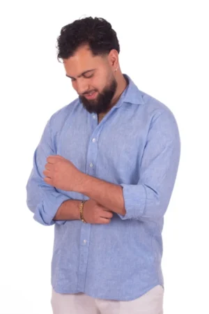 Camisa Lino Algodón Azul Melange
