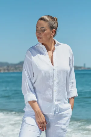 01 Camisa Puro Lino Premium Blanca Mujer
