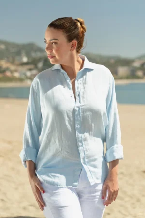 03 Camisa Puro Lino Premium Celeste Mujer