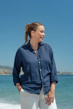 17 Camisa Puro Lino Premium Marino Mujer
