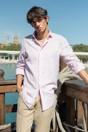 Camisa Lino Algodón Mil Rayas Rosa