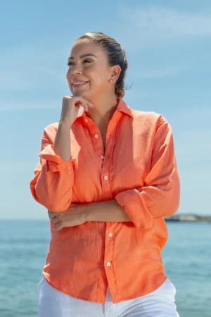 07 Camisa Puro Lino Premium Papaya Mujer