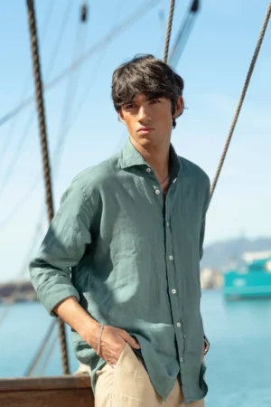 08 Camisa Puro Lino Premium Verde Petróleo