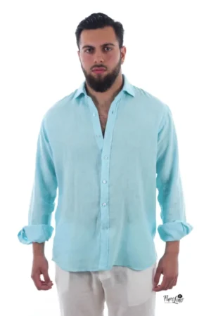 14 Camisa Puro Lino Premium Azul Turquesa
